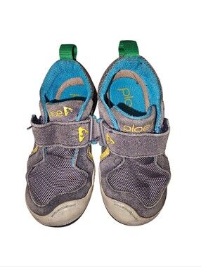 PLAE Gray and Blue Kids Sneakers with Green Heel Tabs